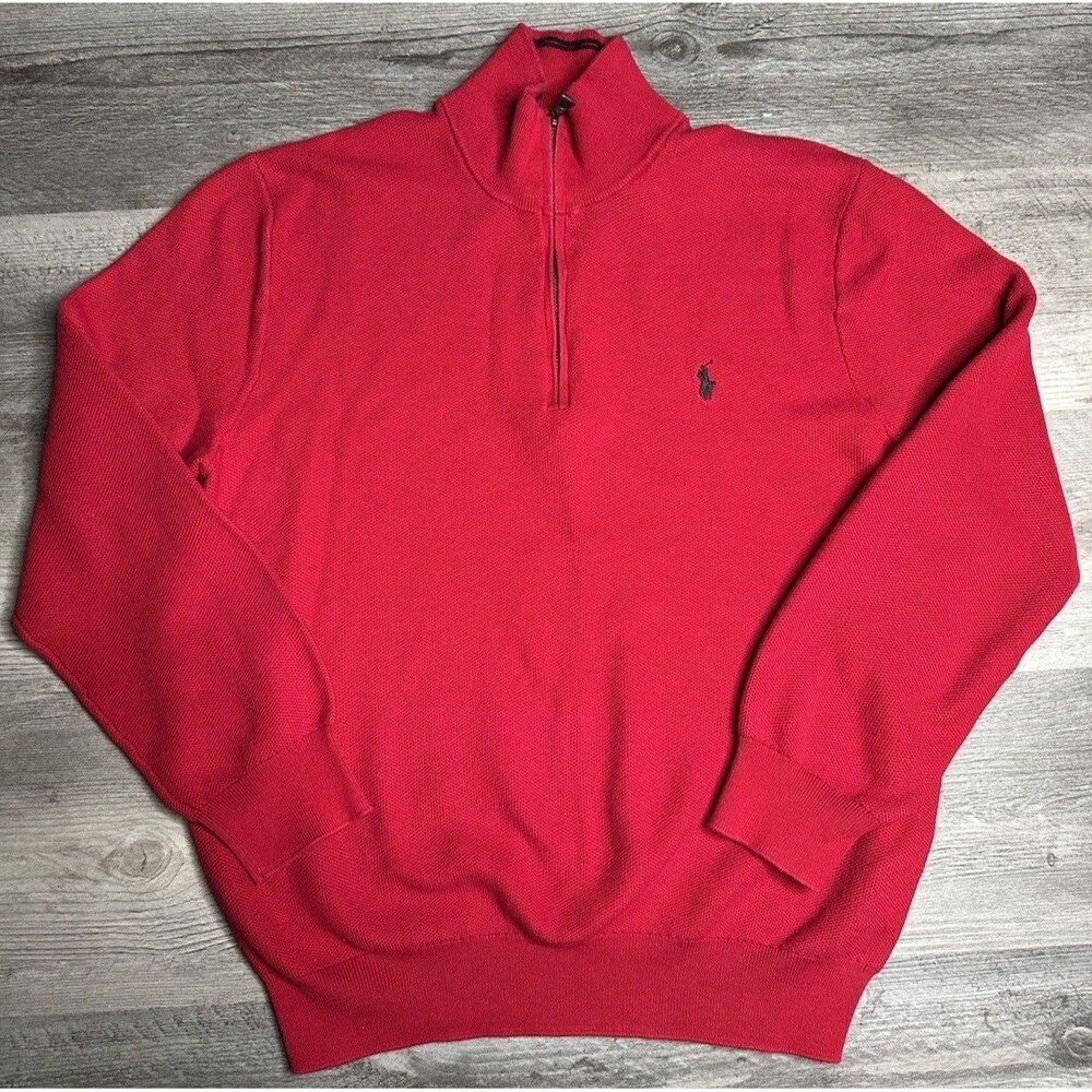 Polo Ralph Lauren Quarter Zip Sweater Mens L Red Pullover Pima Cotton Mock Neck
